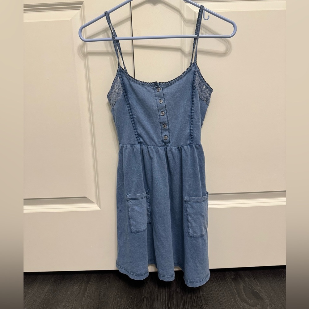 TopShop Faux Denim Lightweight Dress Pockets and Braided Straps